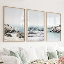 Load image into Gallery viewer, 3 Piece Coastal Seascape Set. Blue Waves, Rocky Beach
