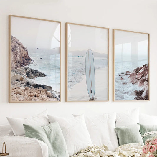 3 Piece Surf Wall Art. Surfboard, Blue Ocean Beach, Rocks