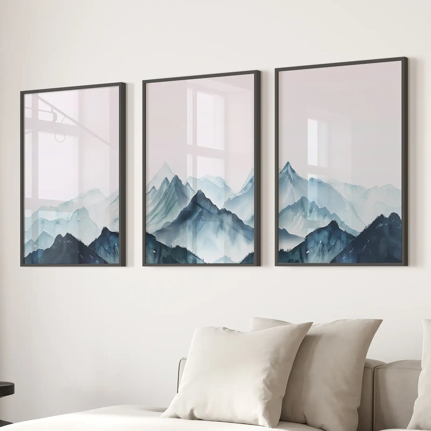 Mountain Watercolor Painting Set of 3 Art Prints. Black Frames for Living Room.