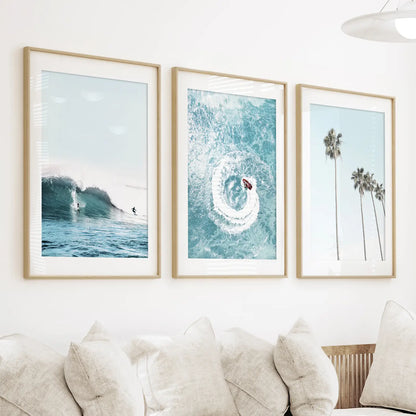 Blue Ocean Themed 3 Piece Wall Art. Palm Trees, Waves