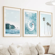 Load image into Gallery viewer, Blue Ocean Themed 3 Piece Wall Art. Palm Trees, Waves
