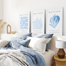 Load image into Gallery viewer, Blue Gallery Wall Art Set Of 3 Poster Decor. White Frames for Bedroom.
