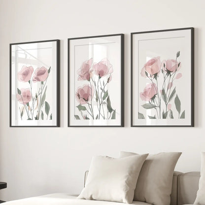 Flowers Boho Watercolor Art Prints Set. Black Frames with Mat Above the Sofa.