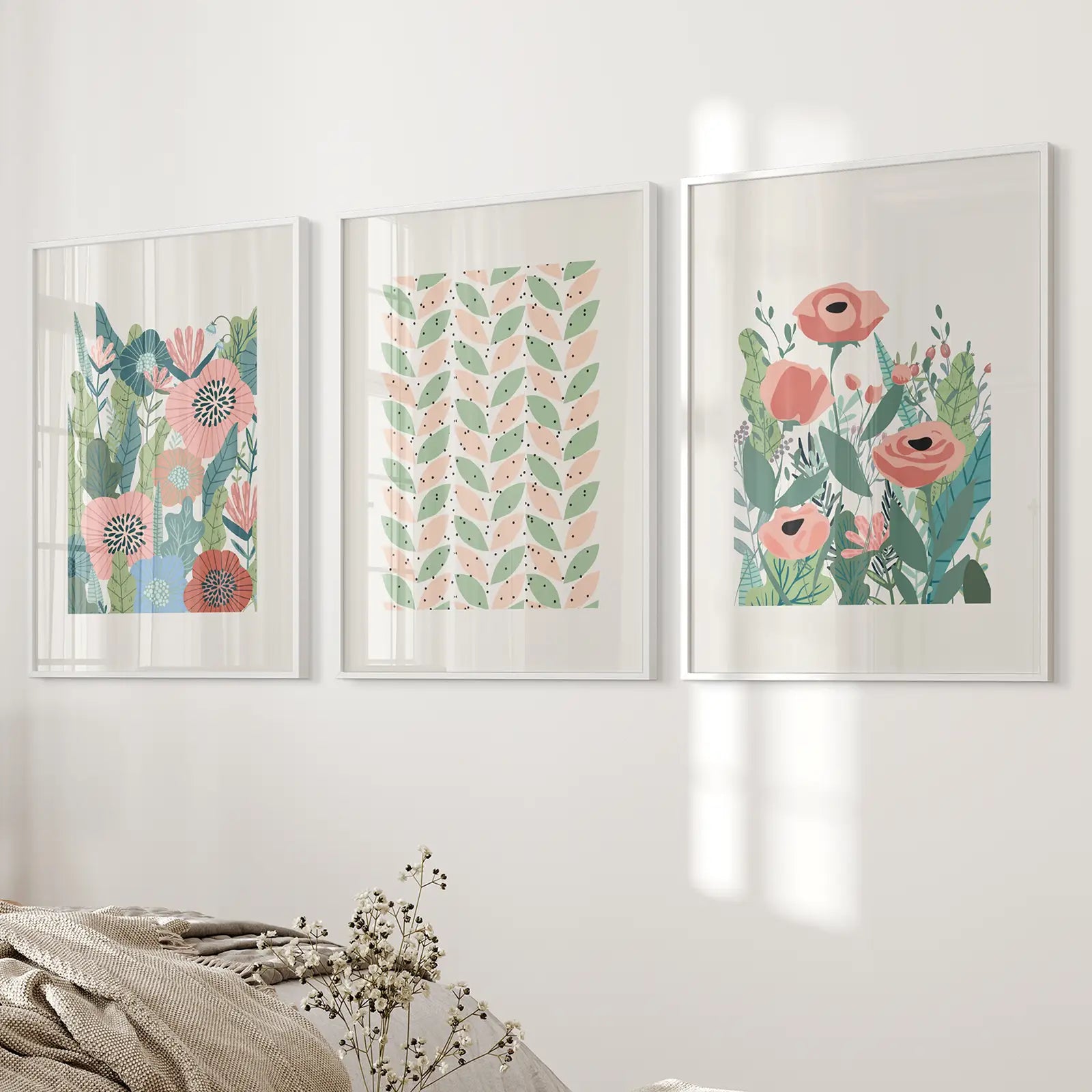 70's Floral Poster Botanical Home Decor Set. White Frames for Bedroom.