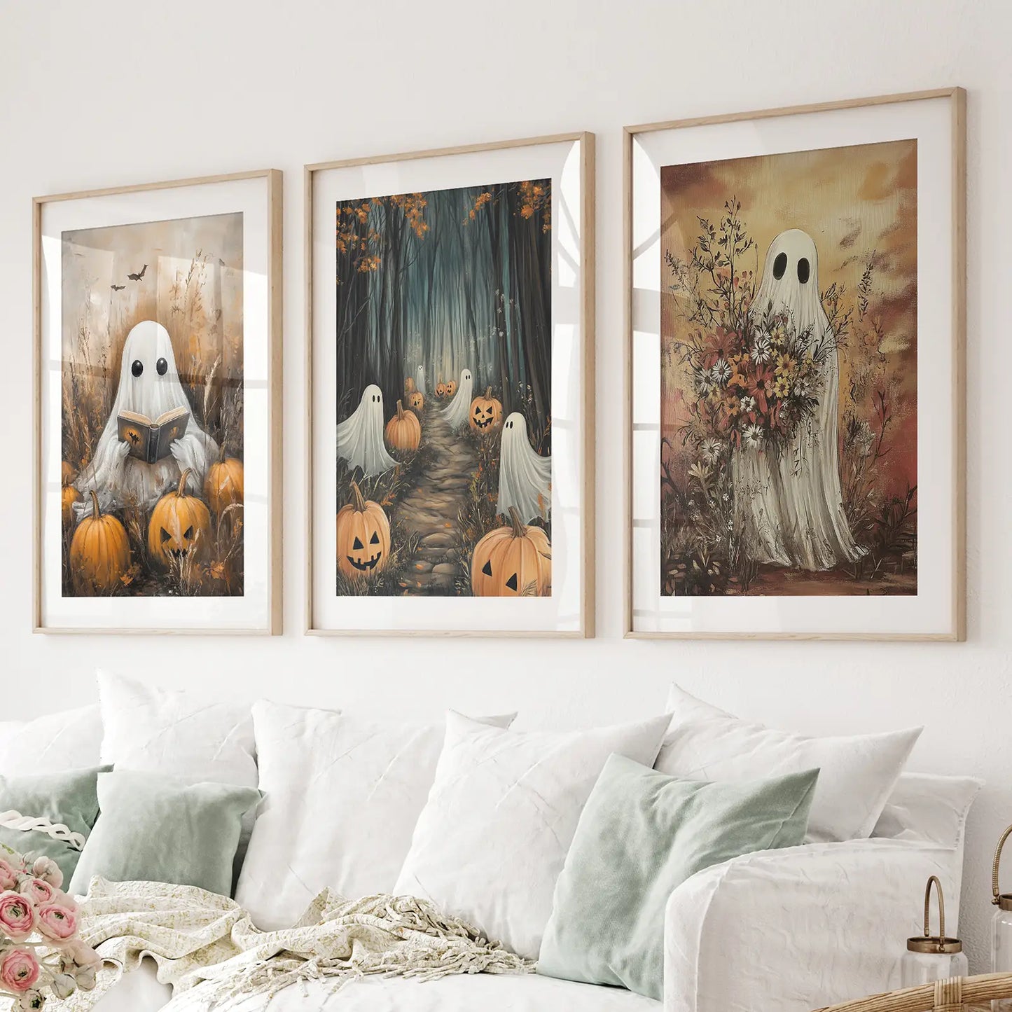 Ghost with a Book Halloween Wall Art Poster Decor. Thinwood Frames with Mat Over the Couch.