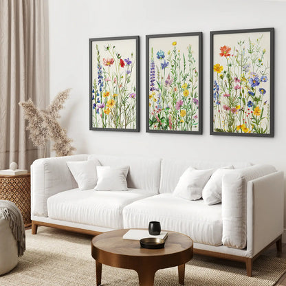 Floral Farmhouse Decor Poster Decor Set. Black Frames Over the Couch.