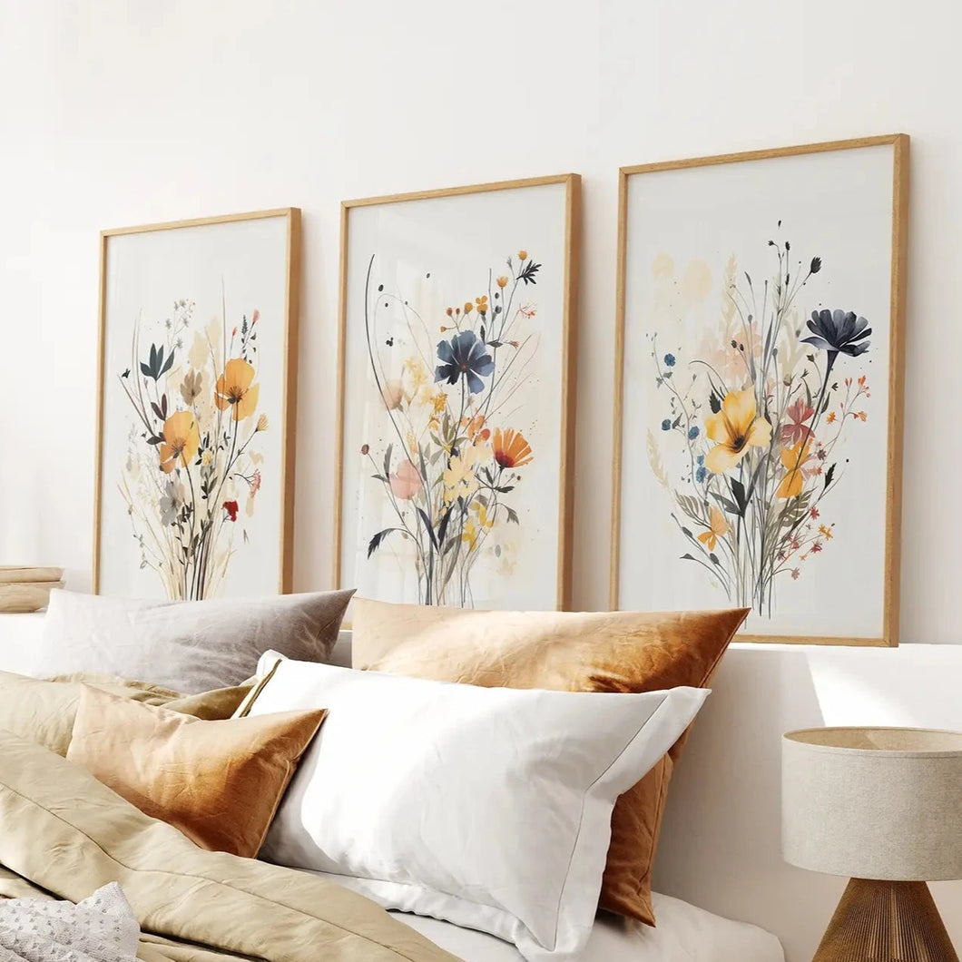 Watercolor Wildflowers Art Decor Poster Set. Thinwood Frames Over the Bed.