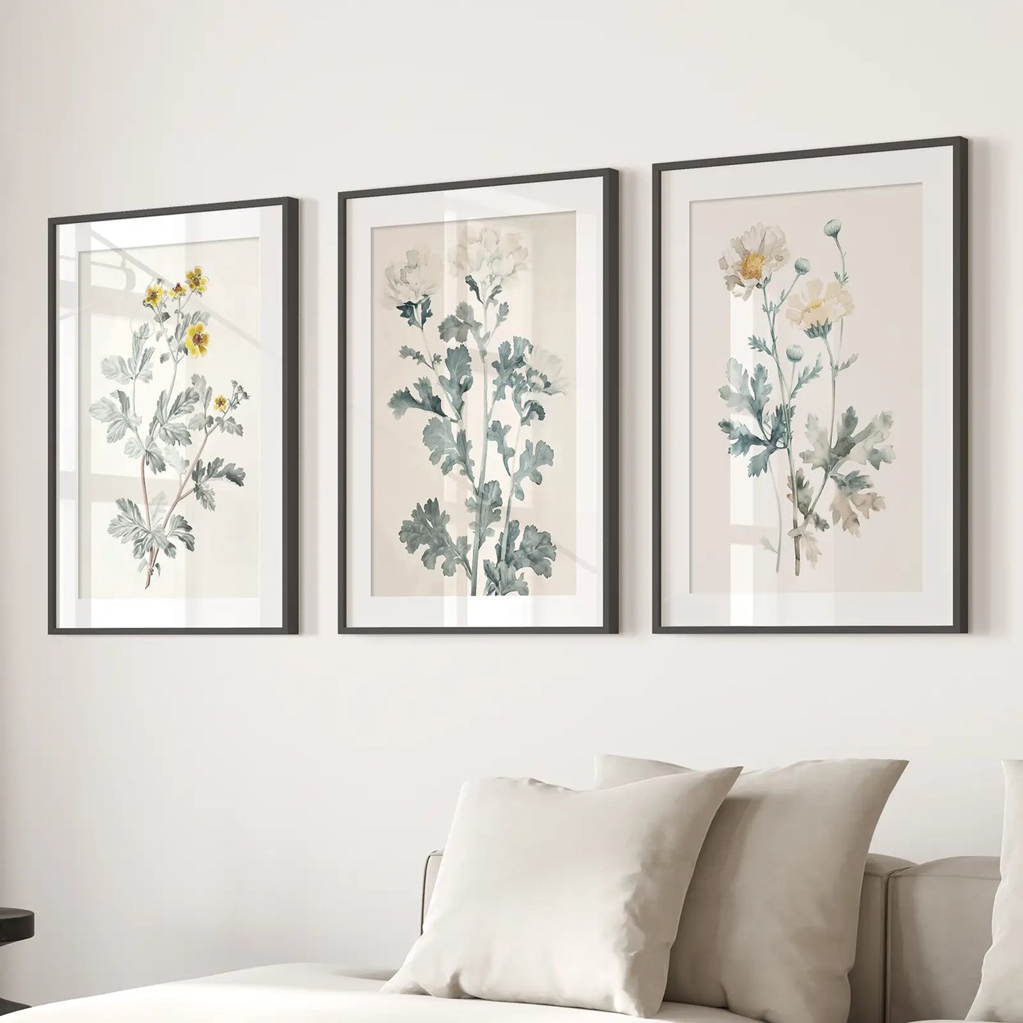 Neutral Simple Flowers Art Print Poster. Black Frames with Mat for Living Room.