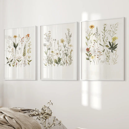Modern Home Decor Boho Wall Art Poster Prints Set. White Frames  Above the Bed.