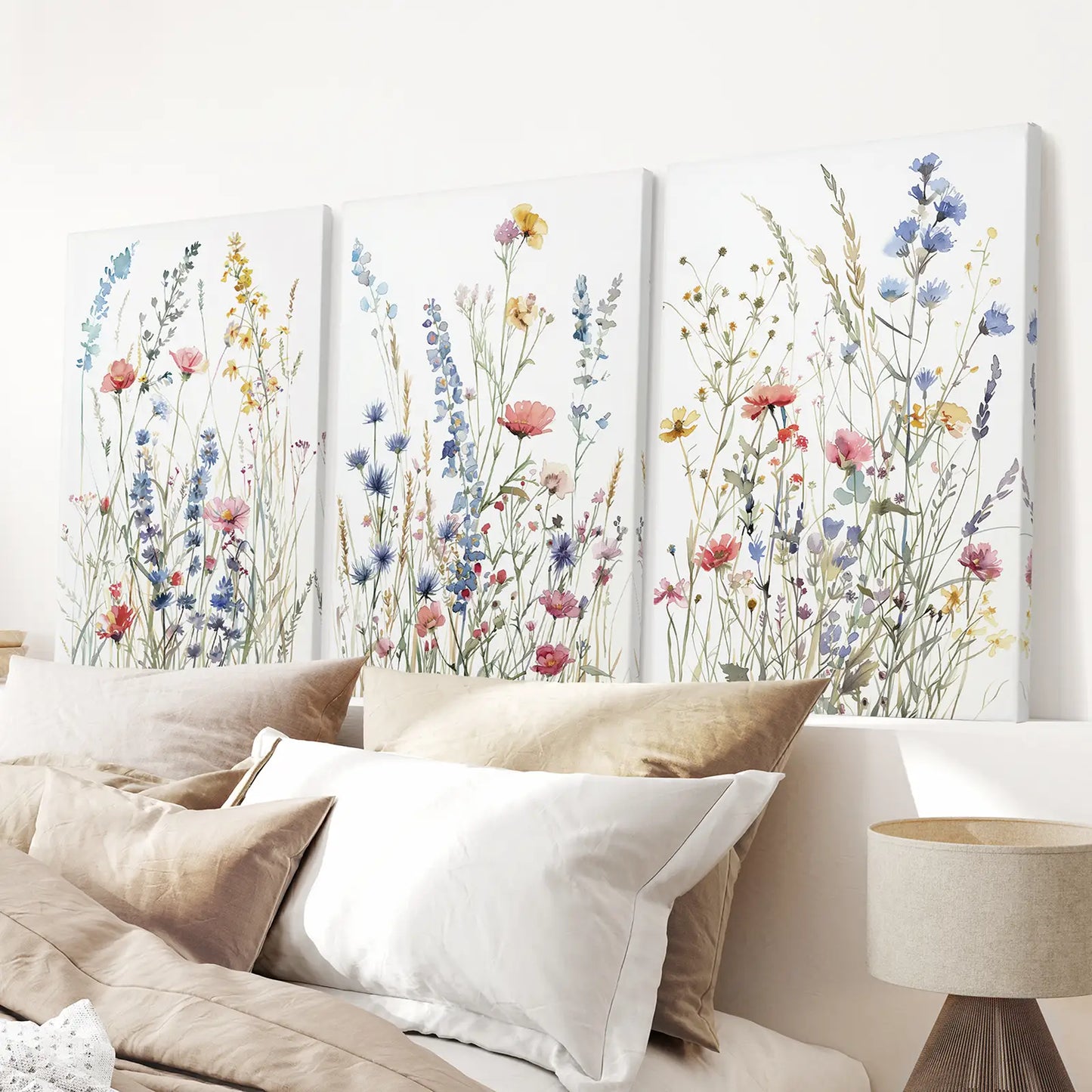 Wildflower Watercolors Colorful Poster Set. Wrapped Canvas Over the Bed.