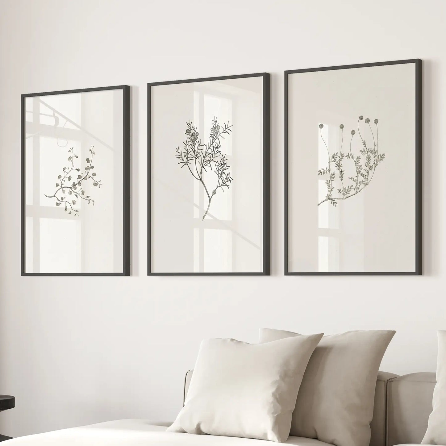 Rustic Botanical Wall Art Vintage Flowers Prints Decor. Black Frames for Living Room.