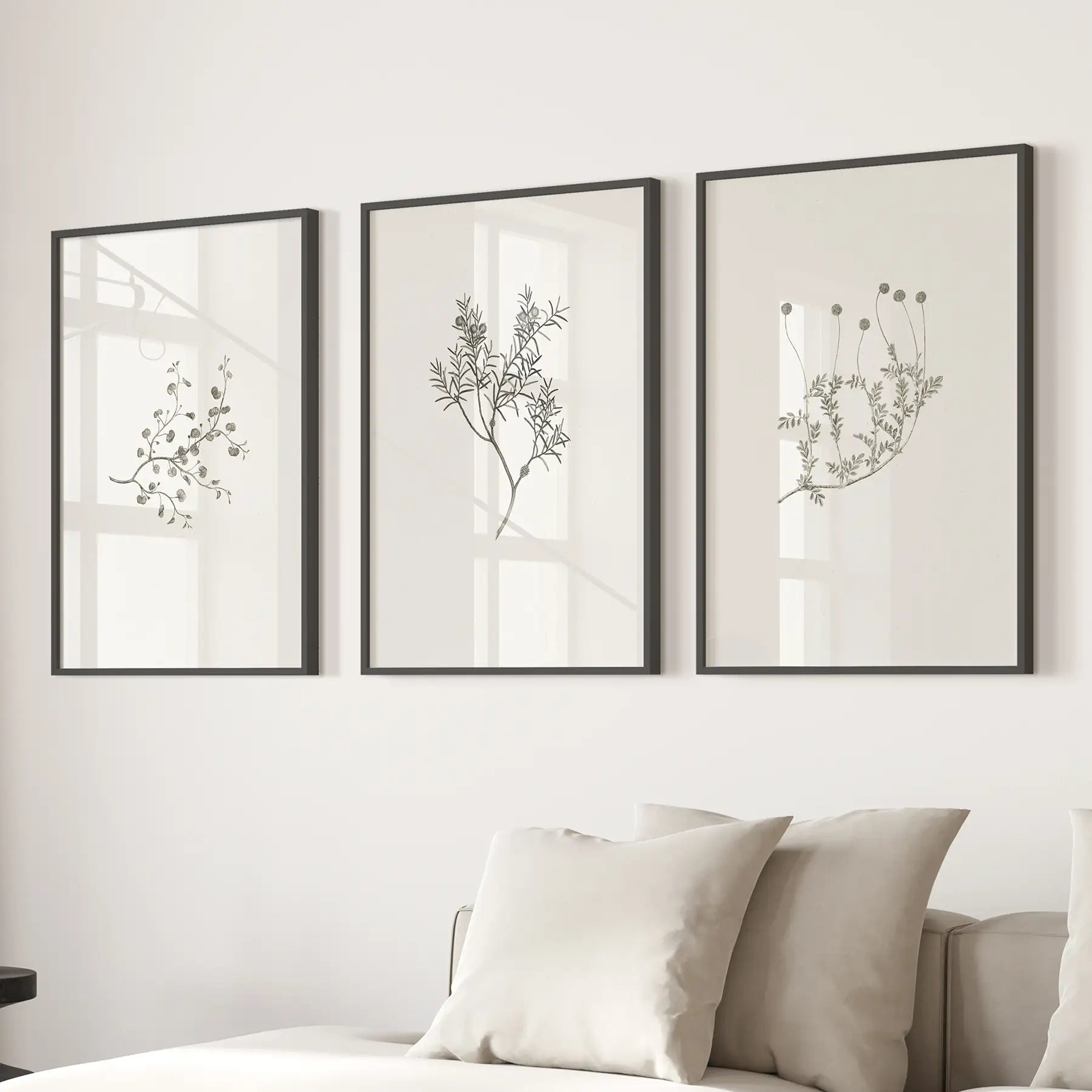 Rustic Botanical Wall Art Vintage Flowers Prints Decor. Black Frames for Living Room.