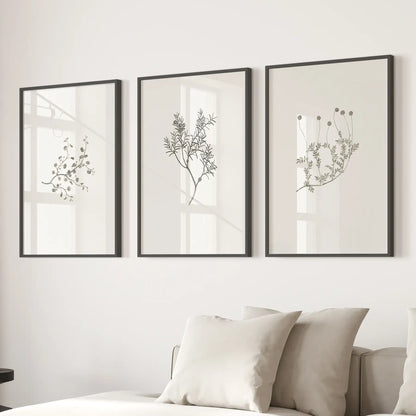 Rustic Botanical Wall Art Vintage Flowers Prints Decor. Black Frames for Living Room.