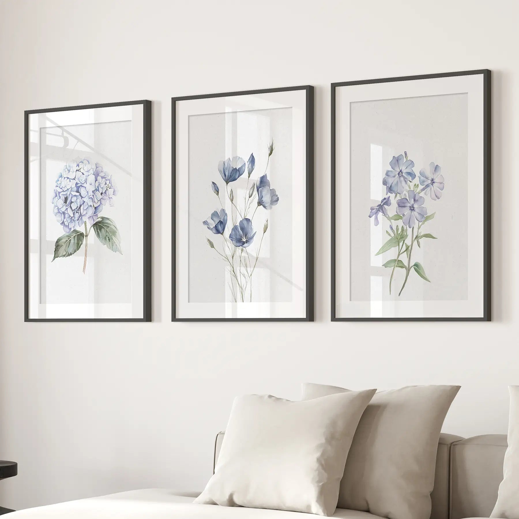 Wildflowers painting blue flowers, spring wall art posters. Black frames with mat for living room.