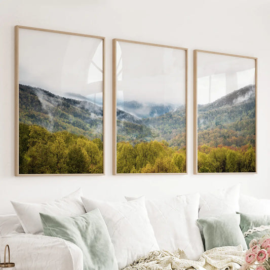 Foggy Mountains and Green Forest. Photo Triptych