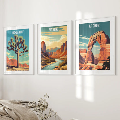 Camping and Hiking gift. Home office wall art posters. White frames with mat over the bed.