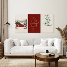 Load image into Gallery viewer, Winter Canvas Red Truck Wall Art Set. Stretched Canvas Over the Coach.
