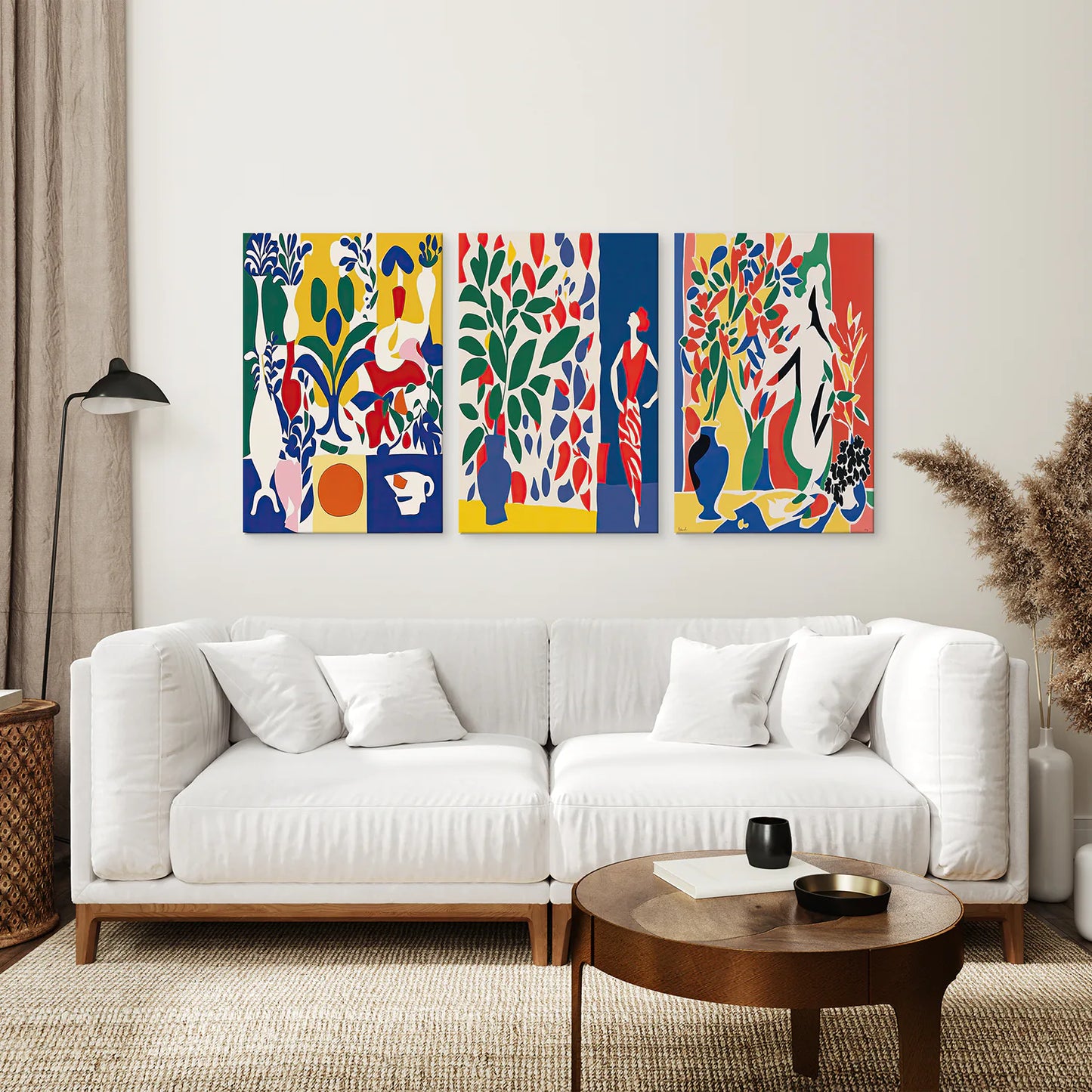 Floral Woman Silhouette Matisse Art Decor Set. Stretched Canvas Above the Sofa.