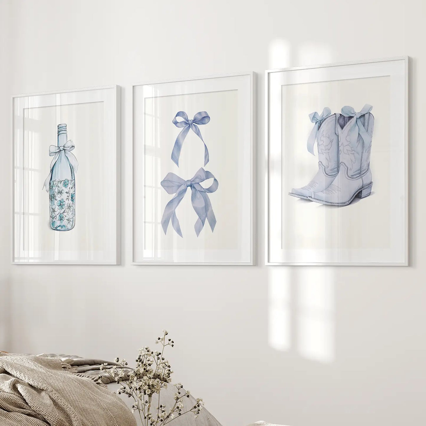 Preppy Western Cowboy Boots Trendy Set of 3 Piece. White Frames with Mat for Bedroom.