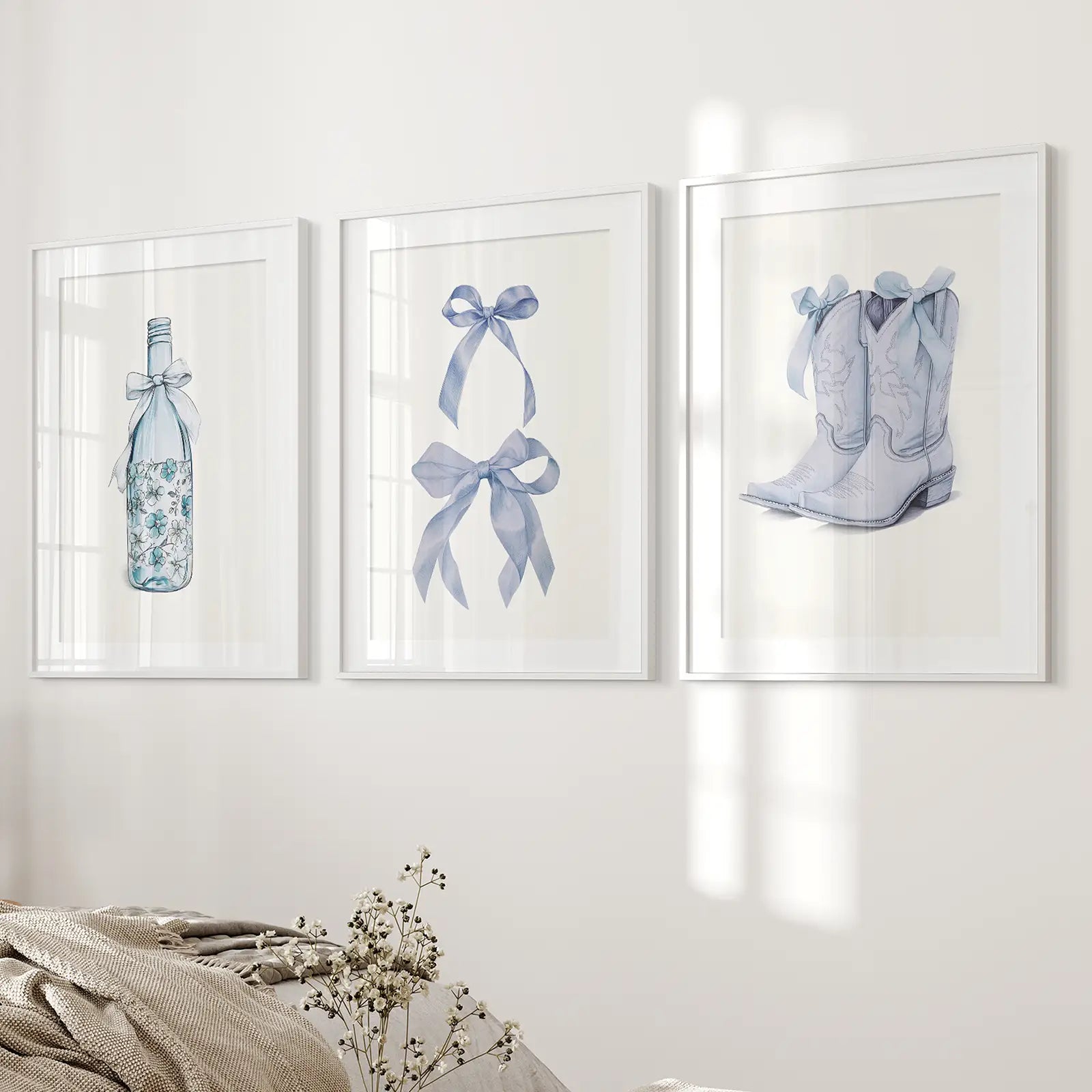 Preppy Western Cowboy Boots Trendy Set of 3 Piece. White Frames with Mat for Bedroom.