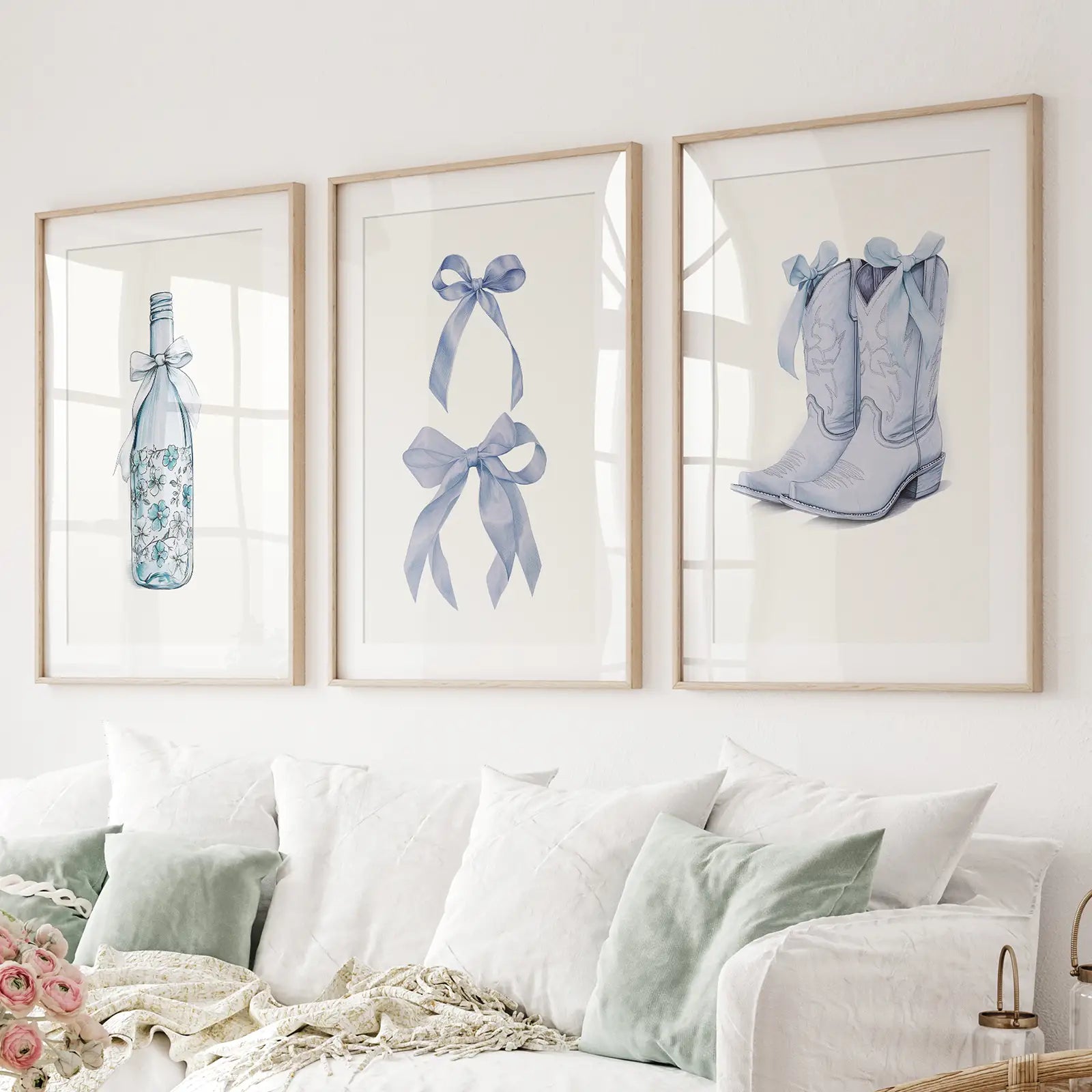 Blue and White Decor Trendy Wall Over the Couch.