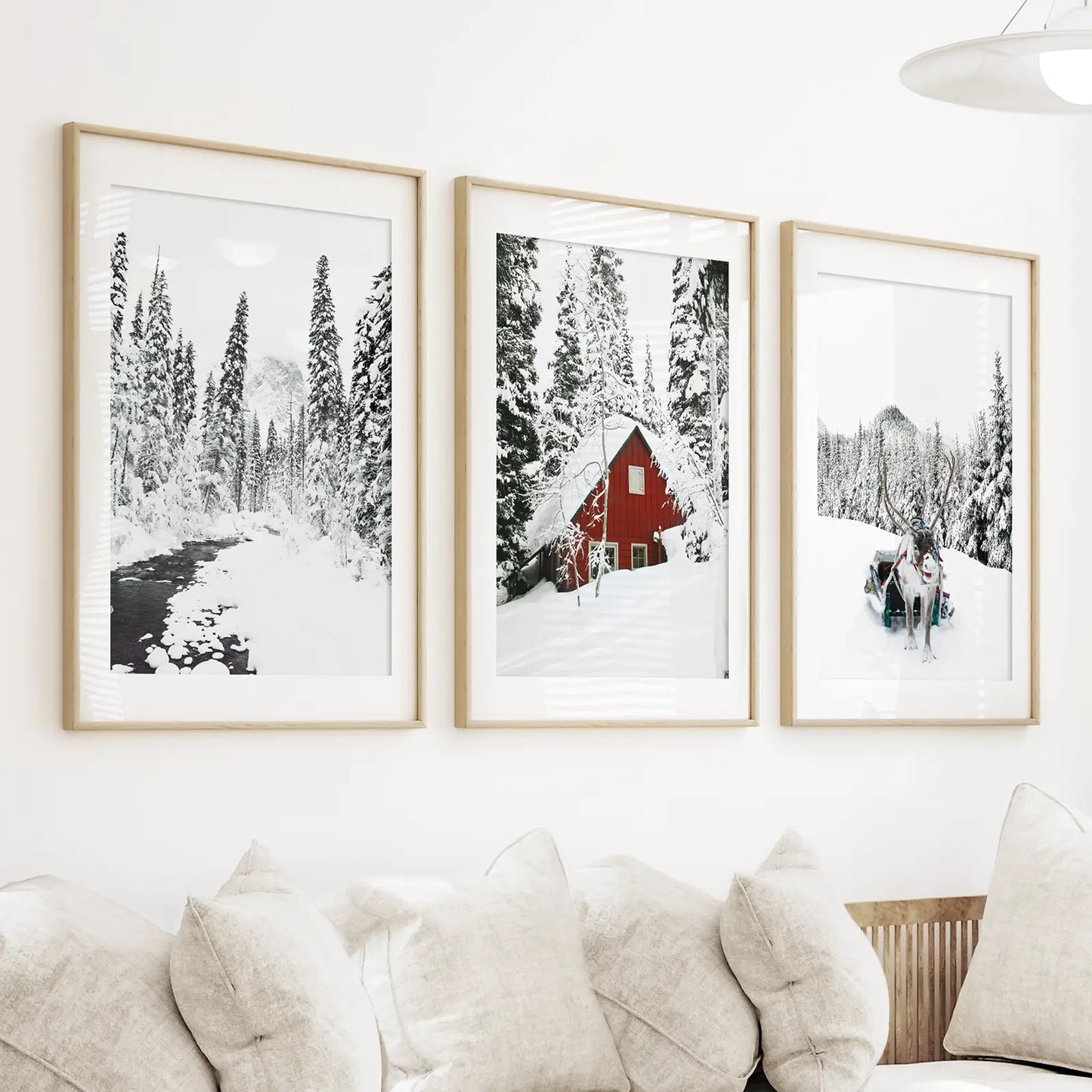 Christmas Deer Wall Art Set of 3. Red Barn, Frozen River