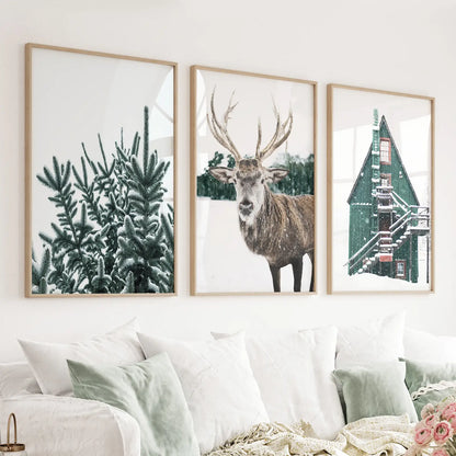 Rustic Christmas Wall Art Set. Trees, Deer, Green Log Cabin