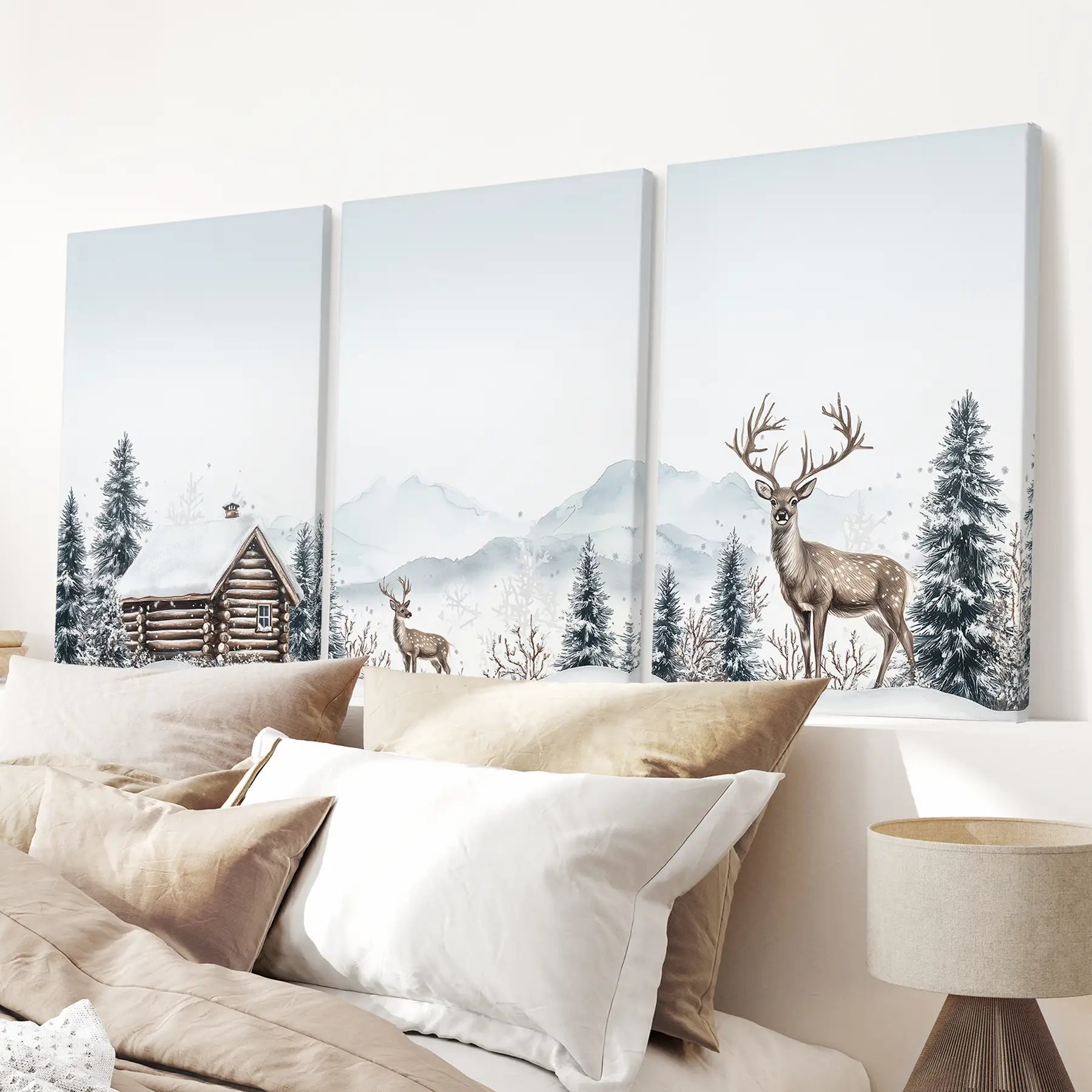 Snowy forest and deer poster set for Christmas wall decor. Stretched Canvas for bed.
