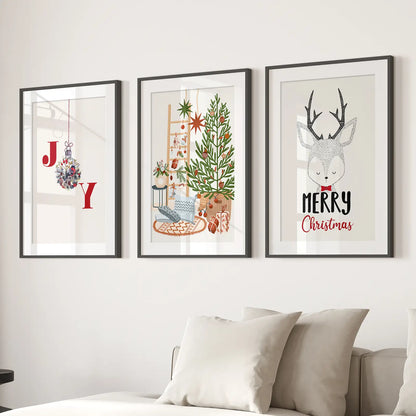 Xmas Scene Print Trendy Home Wall Decor Set. Black Frames with Mat Above the Sofa.