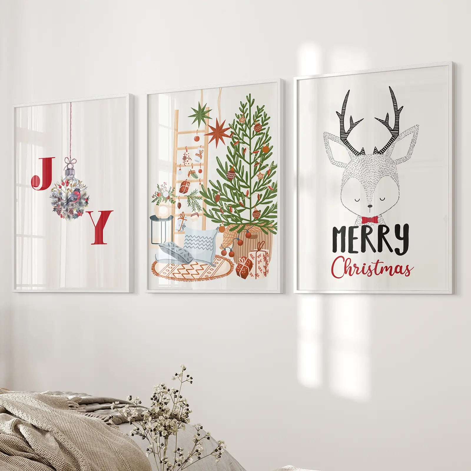 Winter Holiday Seasonal Decor Printable Wall Art. White Frames Over the Bed.