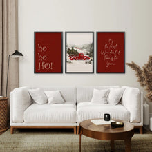 Load image into Gallery viewer, Christmas Song Red Wall Art Set. Black Frames Above the Sofa.
