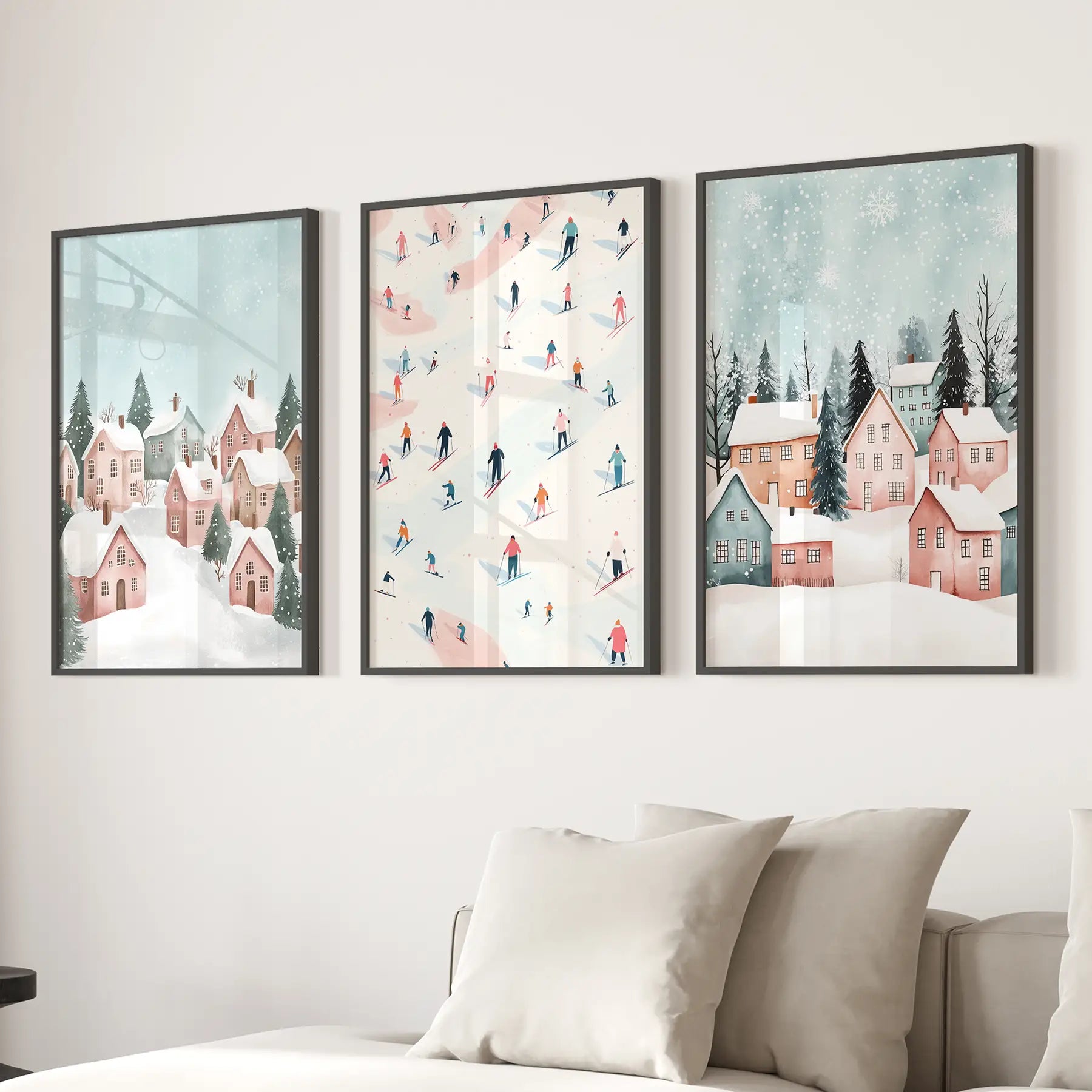 Whimsical Christmas Snowy Printable Wall Art Set. Black Frames  Over the Couch.