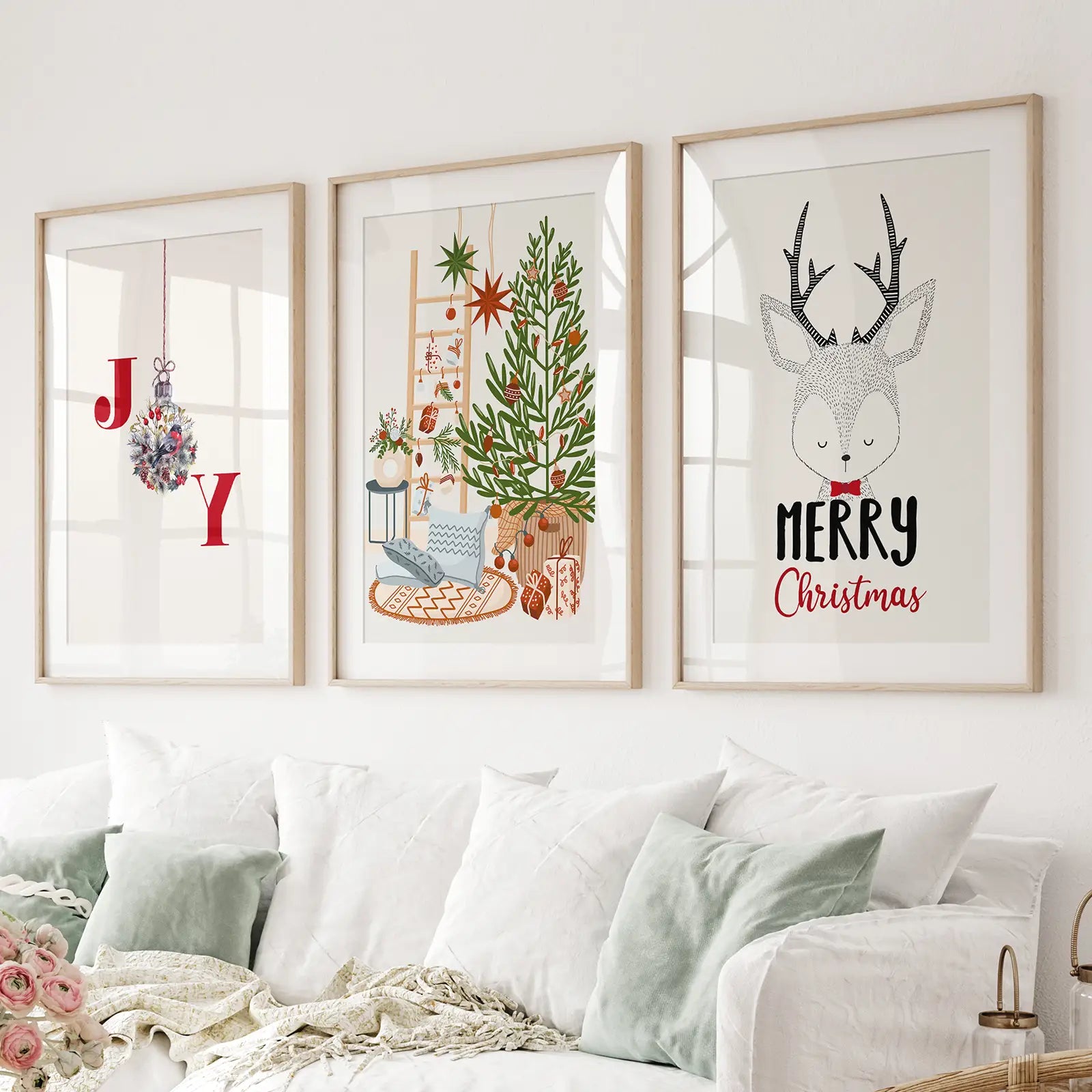 Nursery Christmas Modern Wall Art Prints. Thinwood Frames with Mat Over the Couch.