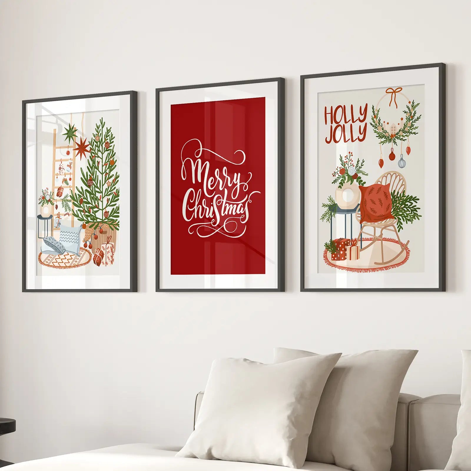 Trendy Christmas Landscape Wall Decor Print Set. Black Frames with Mat Above the Sofa.