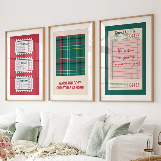 Red and Green Winter Holiday Decoration Posters. Thinwood Frames with Mat Above the Sofa.