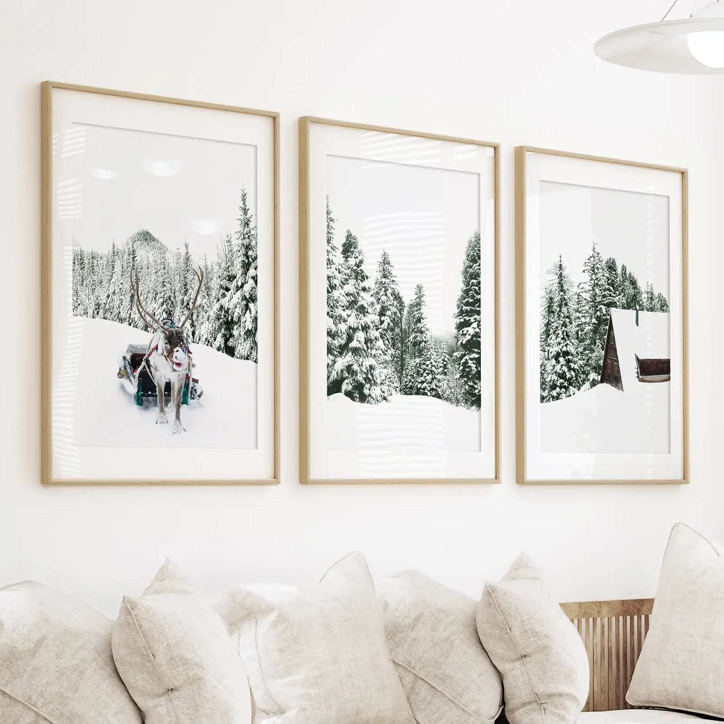 Winter Snowy Nature Triptych. Reindeer, Log Cabin, Pine Tree