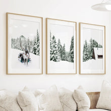 Load image into Gallery viewer, Winter Snowy Nature Triptych. Reindeer, Log Cabin, Pine Tree
