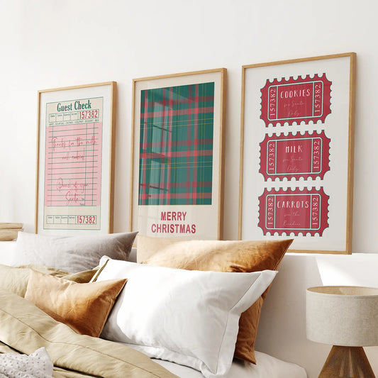 Set of 3 Santa themed guest receipt, Christmas plaid print, and vintage style cookie and milk tickets. Thinwood Frames for bedroom.