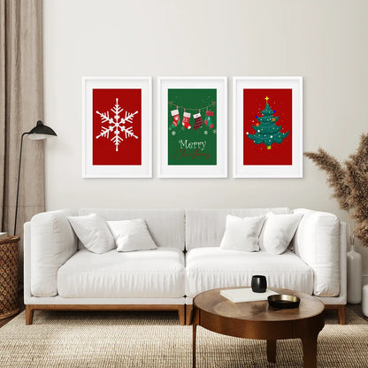 Kids Room Xmas Decor Set of 3 Poster. Holiday Art. White Frames with Mat Above the Sofa.