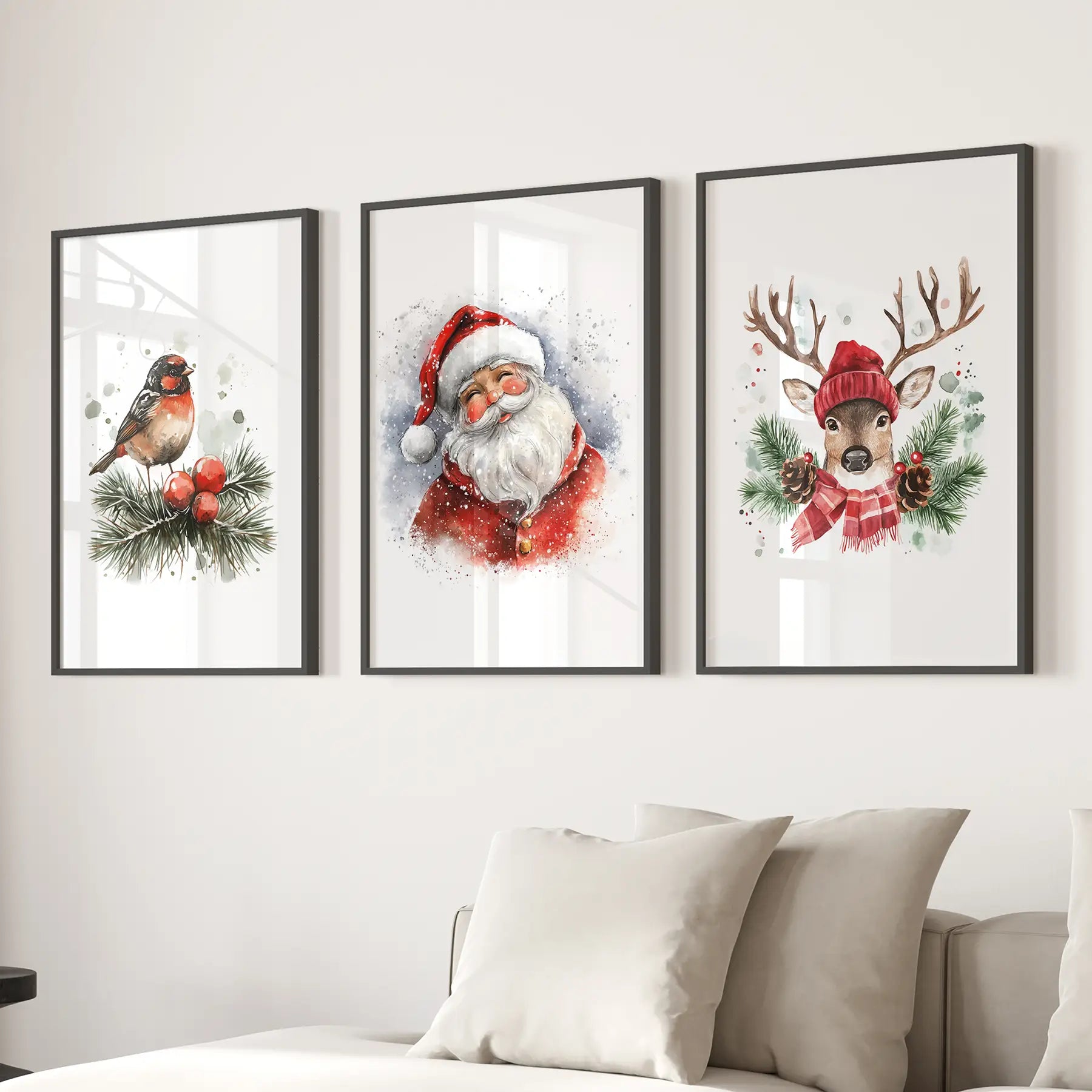 Santa Claus watercolor print Christmas wall art with festive décor. Black frames over the couch.