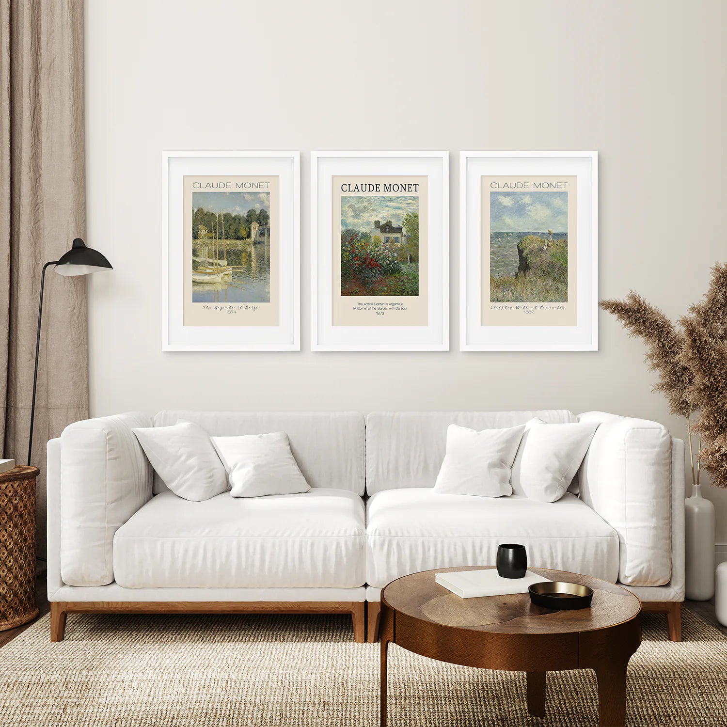 Themed Summer Landscape Paintings Art Decor. White Frames with Mat Above the Sofa.