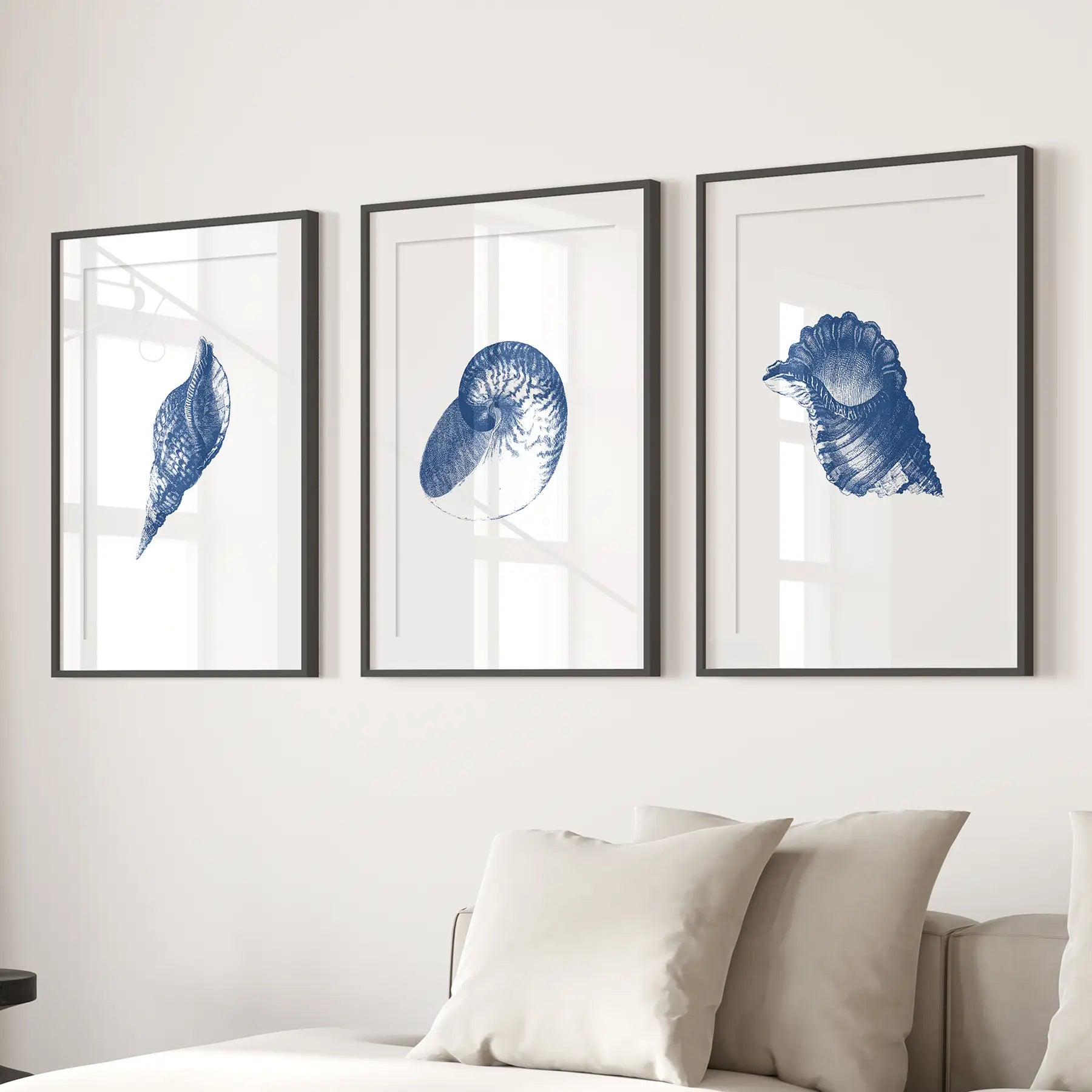 Navy blue shell wall art prints. Trendy retro art decor. Black frames with mat over the couch.