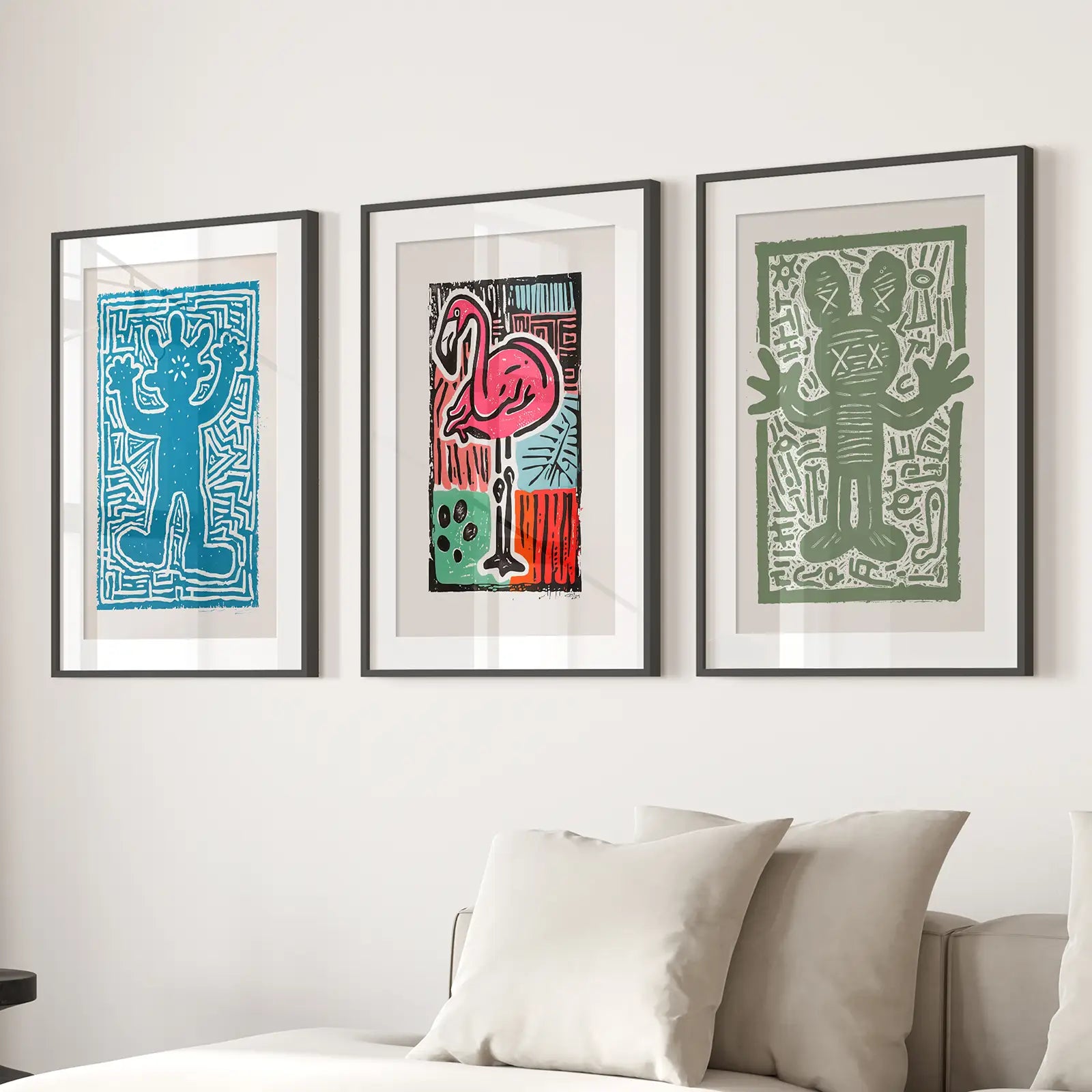 Best Selling Trendy Groovy Print Poster Set. Black Frames with Mat Above the Sofa.