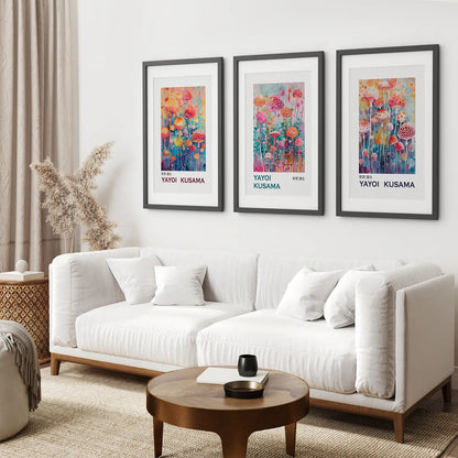 Yayoi Kusama Abstract Summer Art Decor Poster. Black Frames with Mat Above the Sofa.