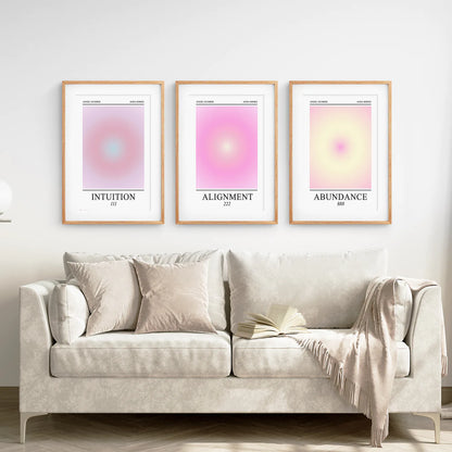 Set of 3 Piece Positive Energy Aura Decor. Thin Wood Frames with Mat Over the Coach.