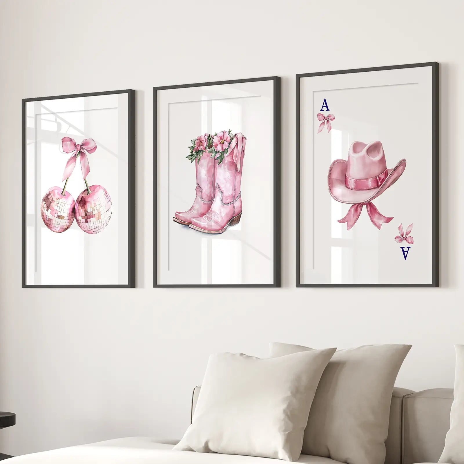 Cowgirl Hat Prints South Western Printable Wall Art. Black Frames with Mat Above the Sofa.