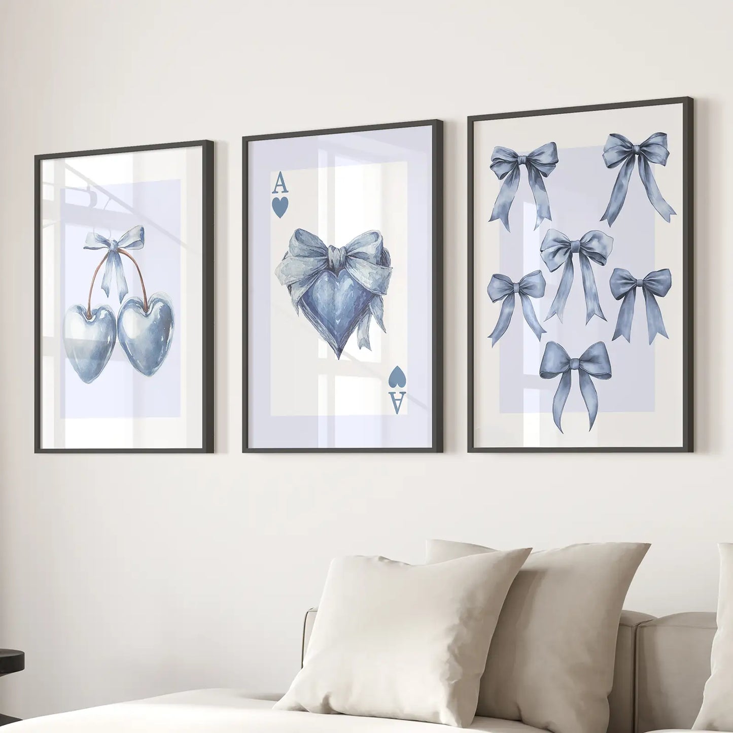 Teen Room Decor Blue Bow Art Print Set. Black Frames Above the Sofa.