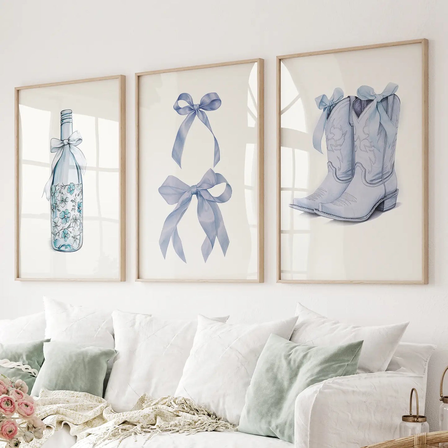 Light Blue Aesthetic Dorm Decor Girly Wall Art. Thinwood Frames for Living Room.