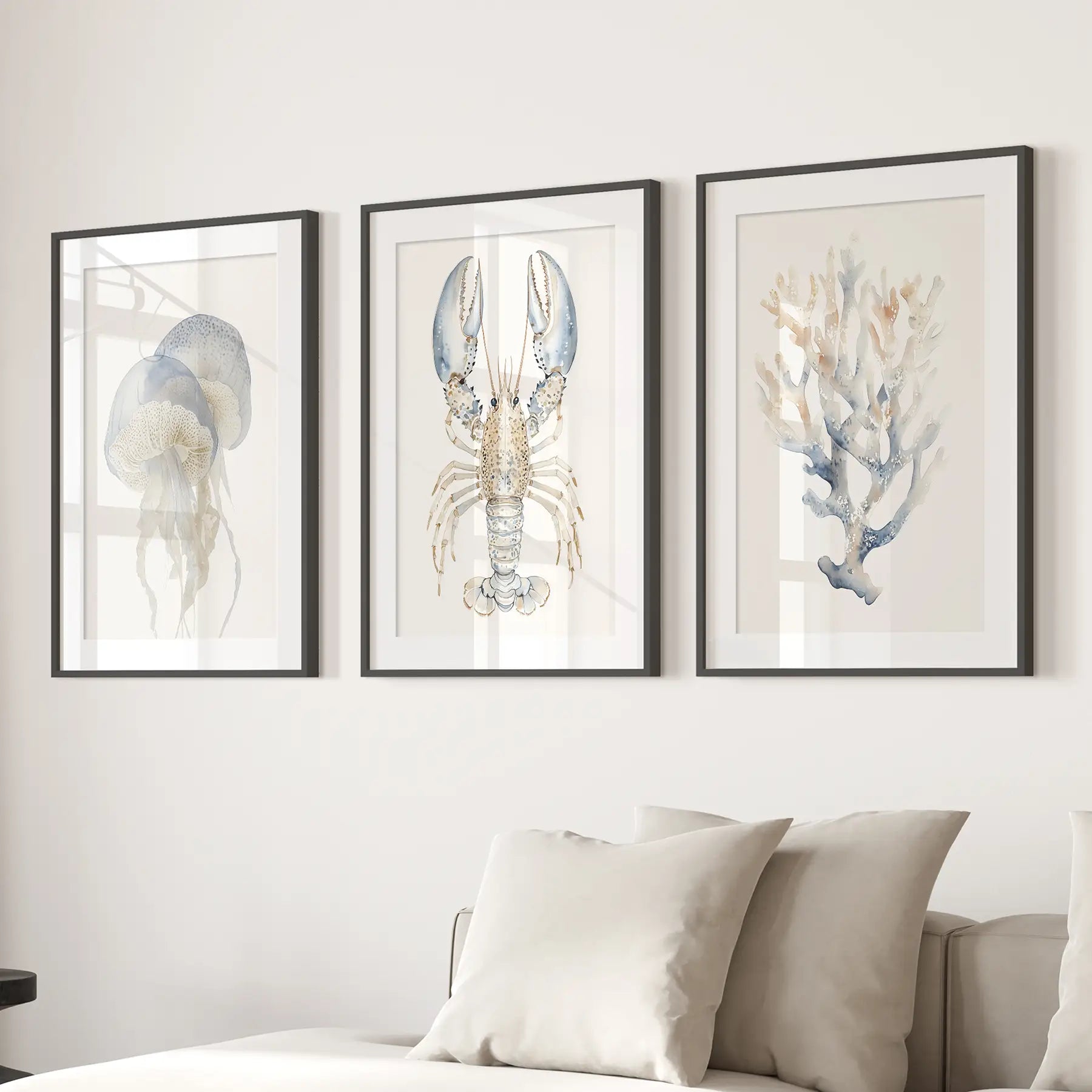 Nautical bathroom art posters. Neutral Beach wall decor. Black frames with mat over the couch.