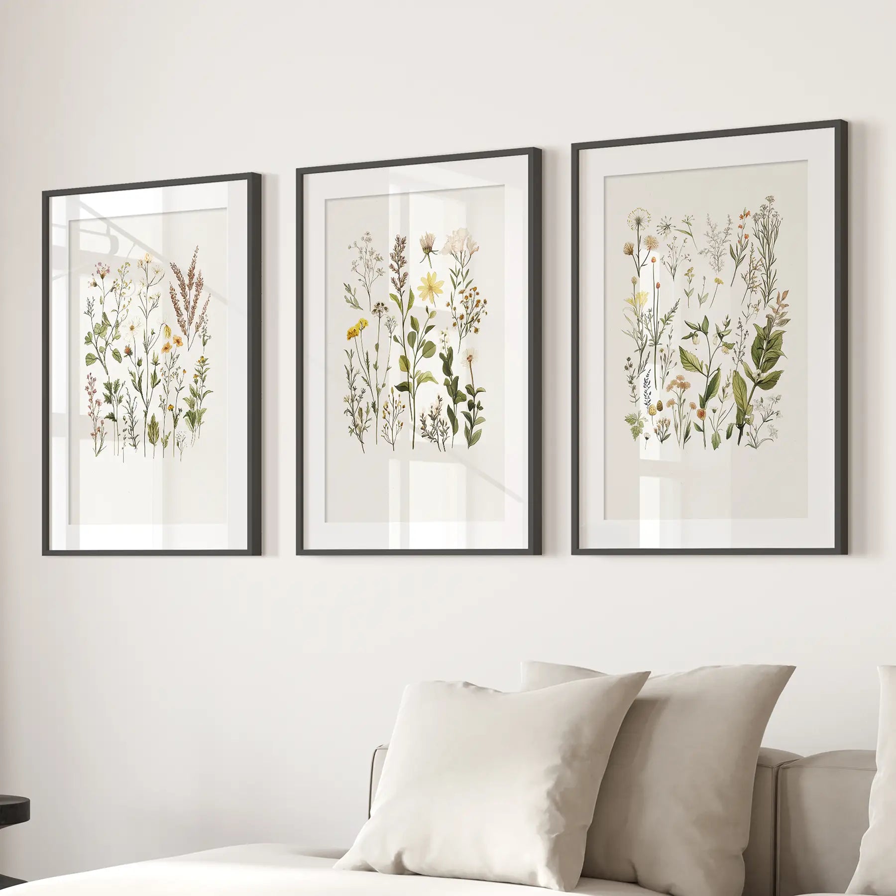 Spring wildflowers modern trendy prints. Neutral floral poster. Black frames with mat over the couch.